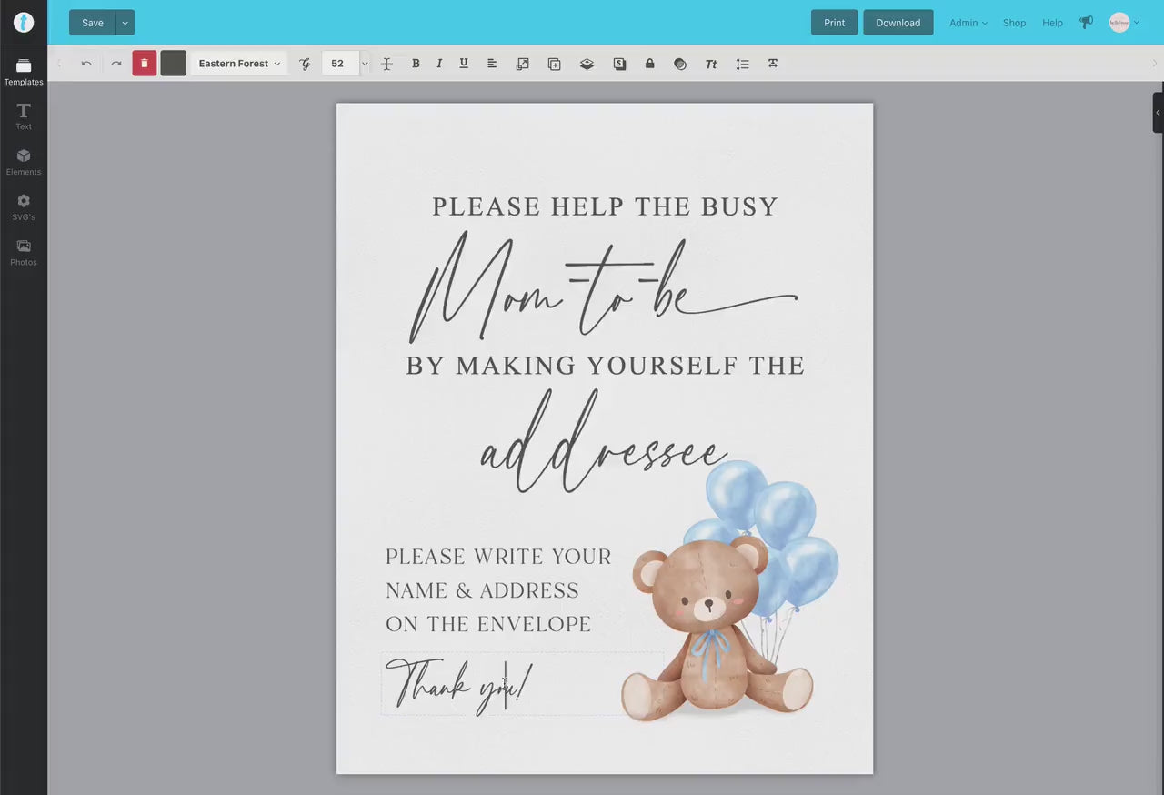 Help the Busy Mom to Be Addressee Baby Shower Envelope Sign, Bear with Blue Balloons, Boy Baby Shower, Baby Sprinkle, Template Download