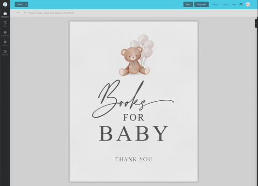 Books for Baby Printable Sign and Cards, Teddy Bear with White Balloons, Boy Girl Baby, Couples Shower, Can Bearly Wait, Template Download