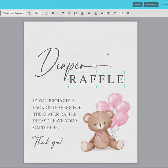 Diaper Raffle Baby Shower Game Sign + Cards, Teddy Bear Girl with Pink Balloons, Couples Shower, Baby Sprinkle, Template Download Templett