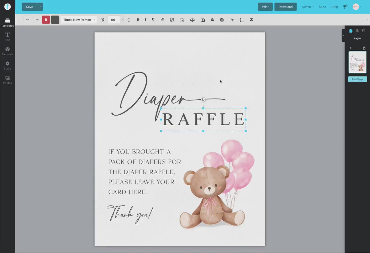 Diaper Raffle Baby Shower Game Sign + Cards, Teddy Bear Girl with Pink Balloons, Couples Shower, Baby Sprinkle, Template Download Templett