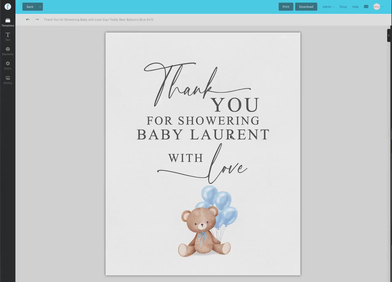 Thank You for Showering Baby with Love Baby Shower Sign, Bear with Blue Balloons, Boy Baby Shower, Baby Sprinkle, Template Download Templett