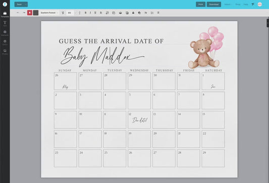 Bear Guess the Arrival Calendar Game, Guess the Birth Due Date, Bear with Pink Balloons, Girl Baby Shower, Template Download TEMPLETT