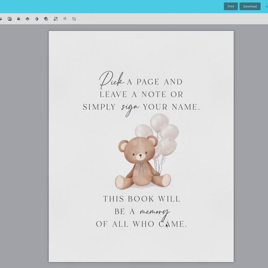 Pick a Page and Leave a Note Memory Baby Shower Guestbook Sign, Bear with Beige Balloons, Boy Girl Baby Sprinkle, Template Download TEMPLETT