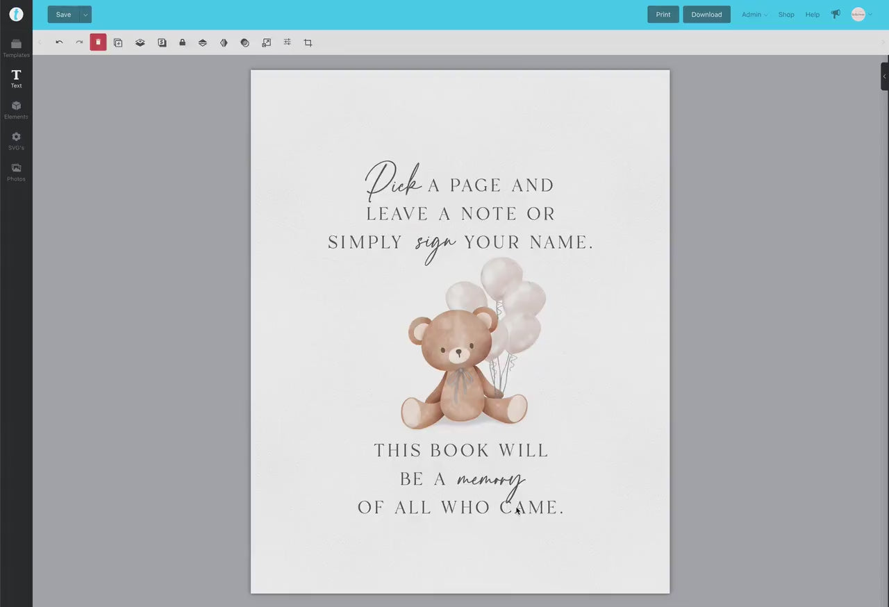 Pick a Page and Leave a Note Memory Baby Shower Guestbook Sign, Bear with Beige Balloons, Boy Girl Baby Sprinkle, Template Download TEMPLETT