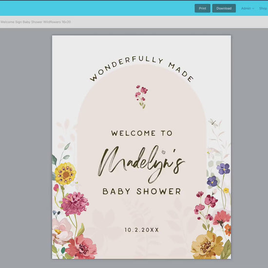 Baby Shower Welcome Sign Template . Wildflowers Girl Baby Shower . PRINTABLE Editable Poster . Instant Download Templett