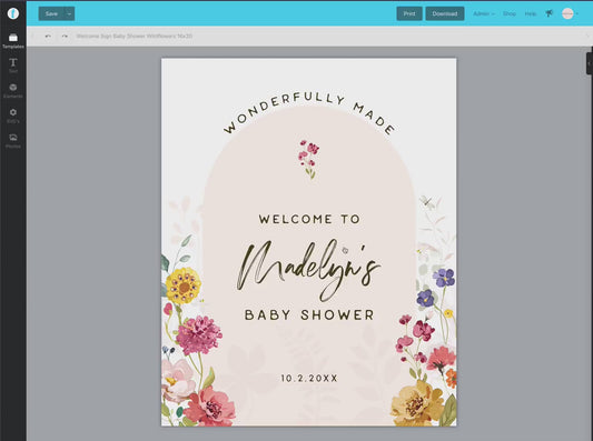 Baby Shower Welcome Sign Template . Wildflowers Girl Baby Shower . PRINTABLE Editable Poster . Instant Download Templett