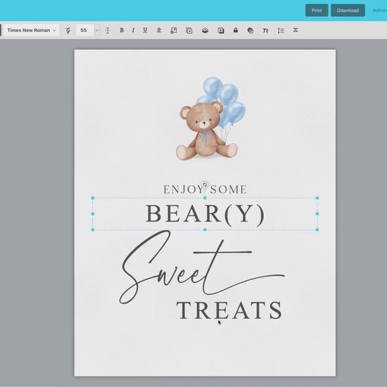 Enjoy Some Beary Sweet Treats Baby Shower Printable Sign, Boy Bear with Blue Balloons, Baby Shower, Sprinkle, Template Download Templett