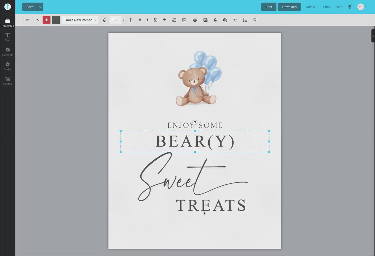 Enjoy Some Beary Sweet Treats Baby Shower Printable Sign, Boy Bear with Blue Balloons, Baby Shower, Sprinkle, Template Download Templett