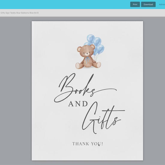 Books and Gifts Printable Baby Shower Sign, Teddy Bear with Blue Balloons, Boy Baby Shower, We Can Bearly Wait, Template Download Templett