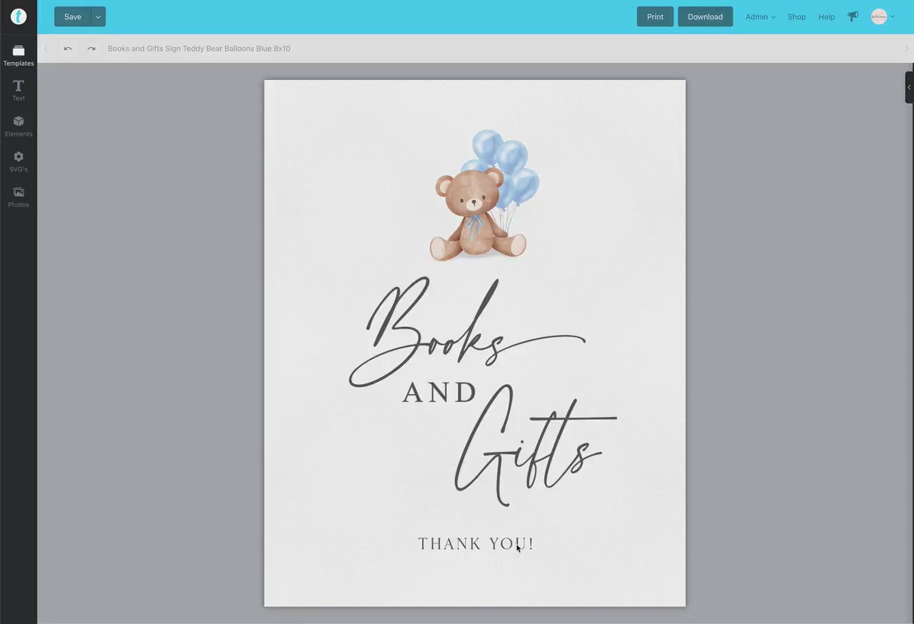 Books and Gifts Printable Baby Shower Sign, Teddy Bear with Blue Balloons, Boy Baby Shower, We Can Bearly Wait, Template Download Templett