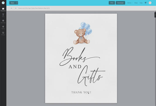 Books and Gifts Printable Baby Shower Sign, Teddy Bear with Blue Balloons, Boy Baby Shower, We Can Bearly Wait, Template Download Templett