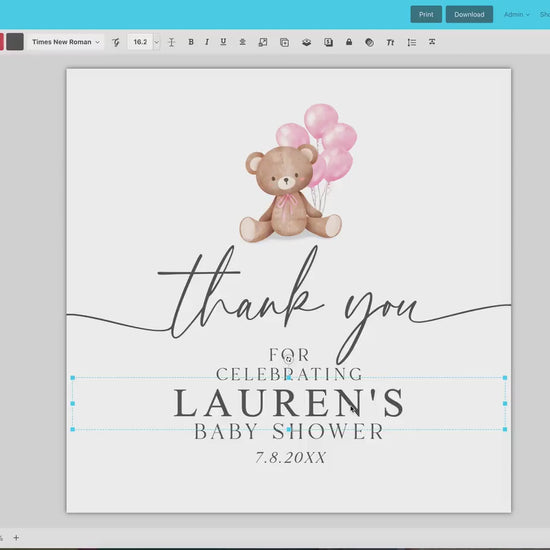 Bear Baby Shower Thank You Favor Tags Template, Baby Girl Pink Bow Balloons Tags Stickers Labels,  Personalized Editable PRINTABLE Templett