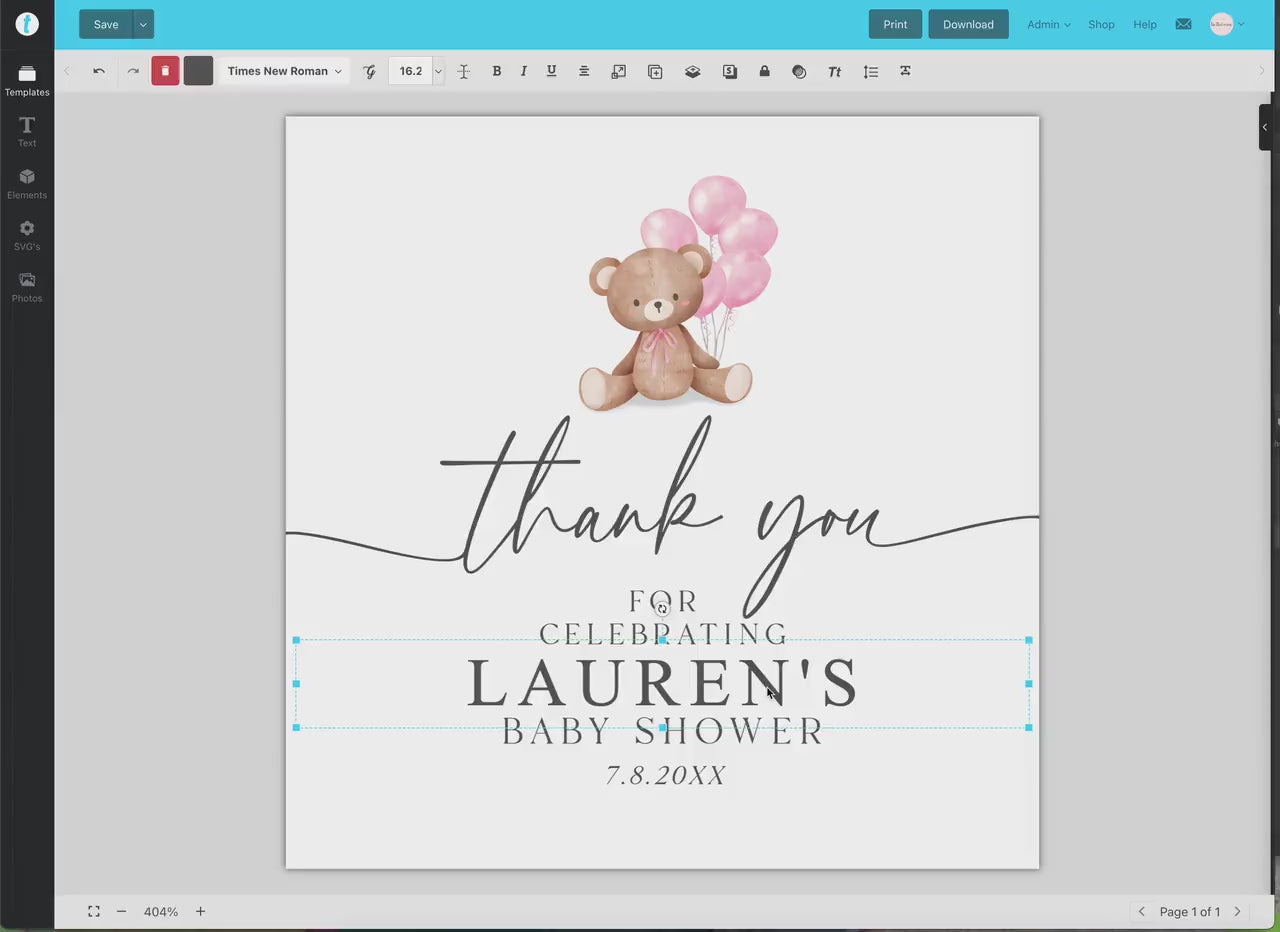 Bear Baby Shower Thank You Favor Tags Template, Baby Girl Pink Bow Balloons Tags Stickers Labels,  Personalized Editable PRINTABLE Templett
