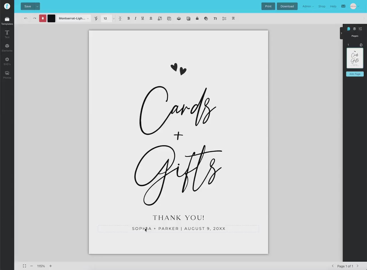 Cards and Gifts Sign Editable Template . Wedding Engagement Party Bridal Baby Shower . Minimalist PRINTABLE Instant Download Templett M2-T