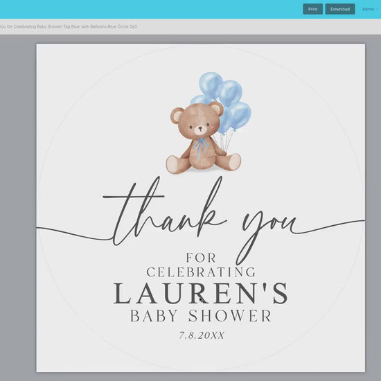 Bear Baby Shower Thank You Favor Tags Template . Boy Blue Balloons Tags Stickers Labels . Personalized Editable PRINTABLE Templett Download