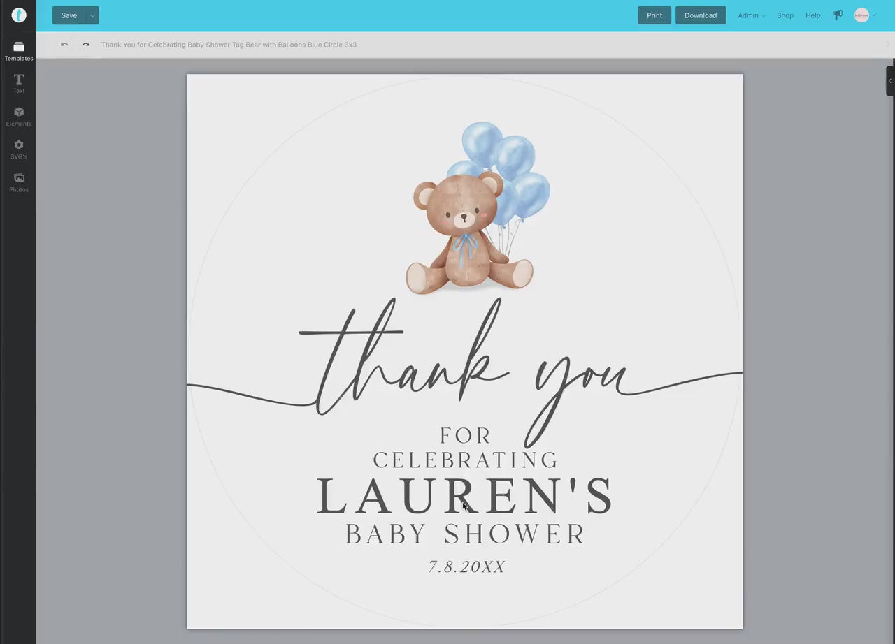 Bear Baby Shower Thank You Favor Tags Template . Boy Blue Balloons Tags Stickers Labels . Personalized Editable PRINTABLE Templett Download