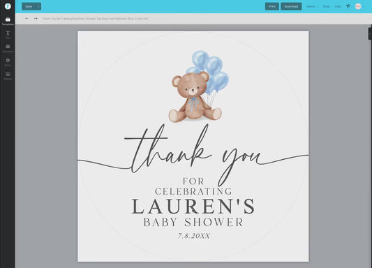 Bear Baby Shower Thank You Favor Tags Template . Boy Blue Balloons Tags Stickers Labels . Personalized Editable PRINTABLE Templett Download