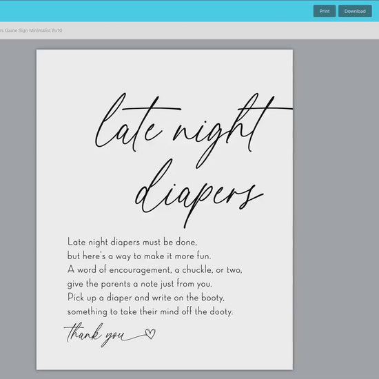 Late Night Diapers Minimalist Baby Shower Printable Game Sign . Boy or Girl Gender Neutral . Editable Template . Instant Download Templett