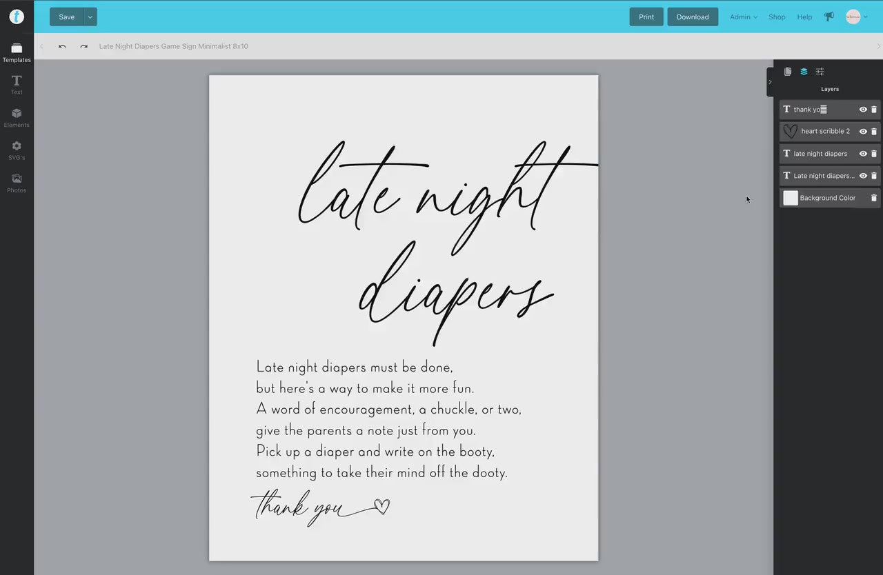 Late Night Diapers Minimalist Baby Shower Printable Game Sign . Boy or Girl Gender Neutral . Editable Template . Instant Download Templett