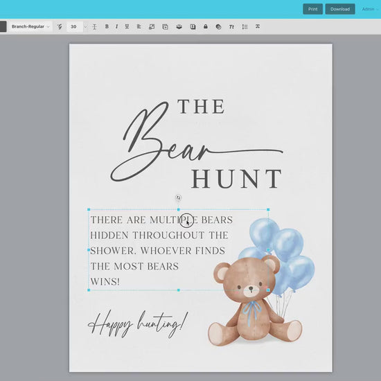 Baby Bear Hunt Baby Shower Game Sign, Teddy Bear with Blue Balloons, Boy Baby Shower, Baby Sprinkle,  We Can Bearly Wait, Template Download