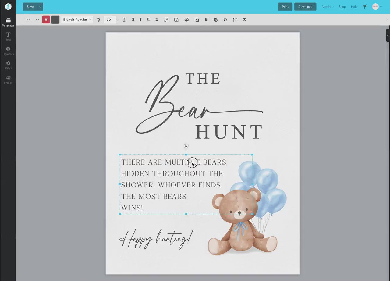 Baby Bear Hunt Baby Shower Game Sign, Teddy Bear with Blue Balloons, Boy Baby Shower, Baby Sprinkle,  We Can Bearly Wait, Template Download