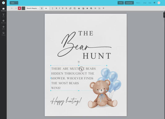 Baby Bear Hunt Baby Shower Game Sign, Teddy Bear with Blue Balloons, Boy Baby Shower, Baby Sprinkle,  We Can Bearly Wait, Template Download