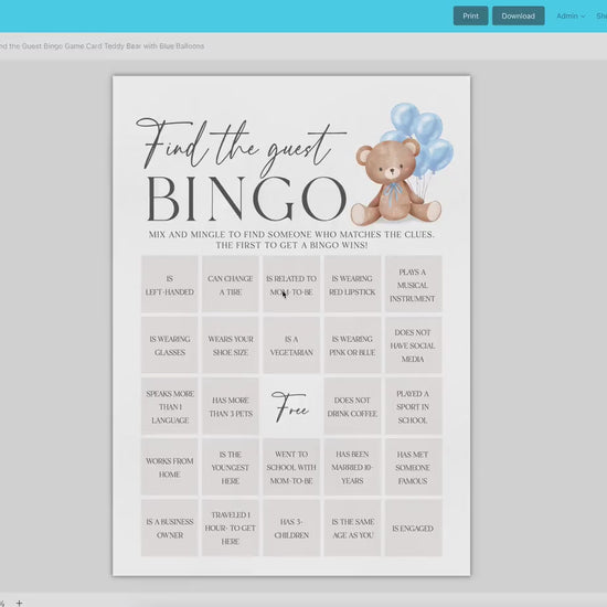 Find the Guest Bingo Baby Shower Game, Bear with Blue Bow Balloons, Boy Teddy Bear, We Can Bearly Wait, Editable Template Download TEMPLETT