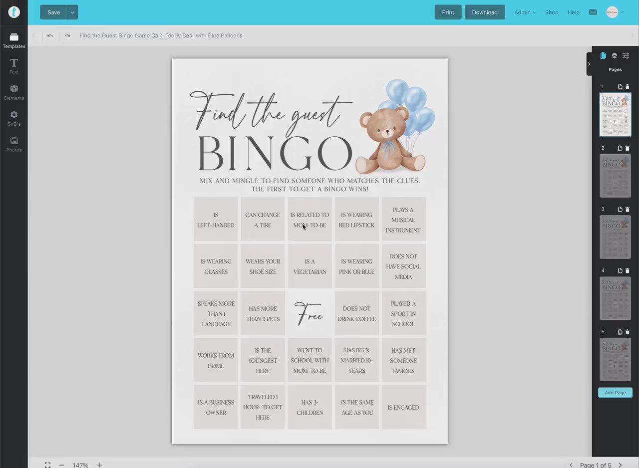 Find the Guest Bingo Baby Shower Game, Bear with Blue Bow Balloons, Boy Teddy Bear, We Can Bearly Wait, Editable Template Download TEMPLETT