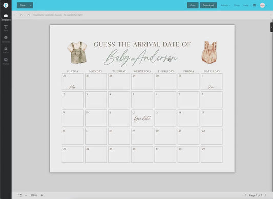 Guess the Arrival Date Calendar Game, Boho Gender Reveal, Guess Birth Date, Boy Girl Neutral Baby Shower, Template Download TEMPLETT GR2-T