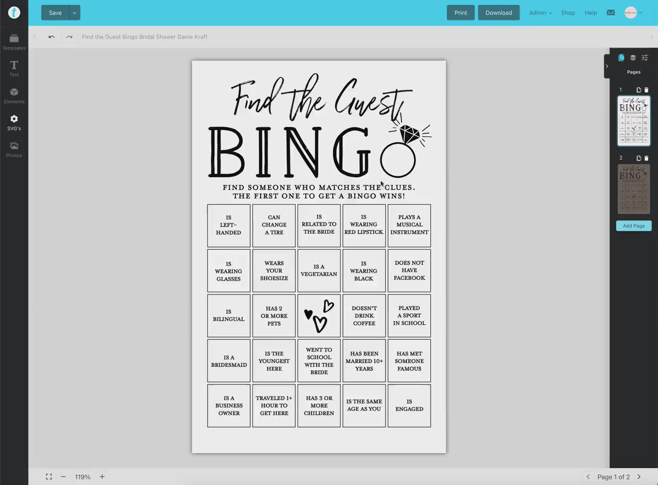 Find the Guest Bingo PRINTABLE Bridal Shower Game . Couples Shower . Kraft + Minimalist Wedding . Editable Template Download Templett