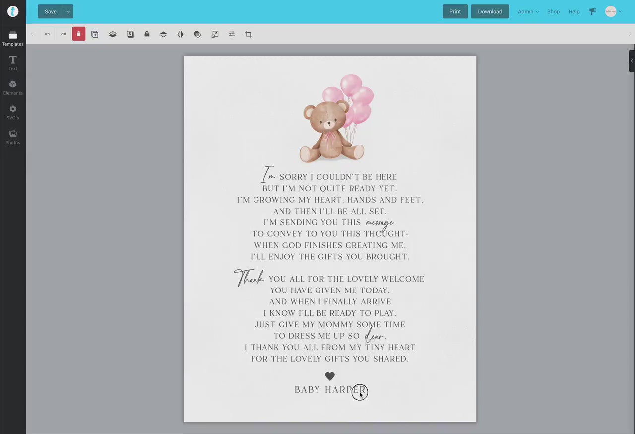 Thank You Message from Baby Baby Shower Sign, Message From Baby Bump Sign, Bear Pink Balloons, Girl Baby Shower, PRINTABLE Template TEMPLETT