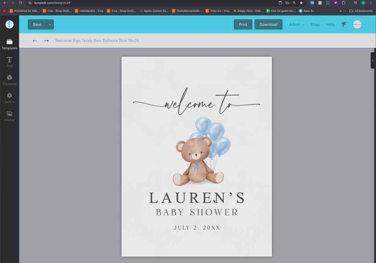 Editable Welcome Sign Teddy Bear with Blue Bow and Balloons, Boy Baby Shower Sprinkle, We Can Bearly Wait, Template Download TEMPLETT