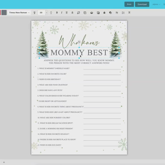Who Said it Mommy or Daddy Winter Snowflakes with Trees Baby Shower Printable Game . Editable Template . Instant Download Templett