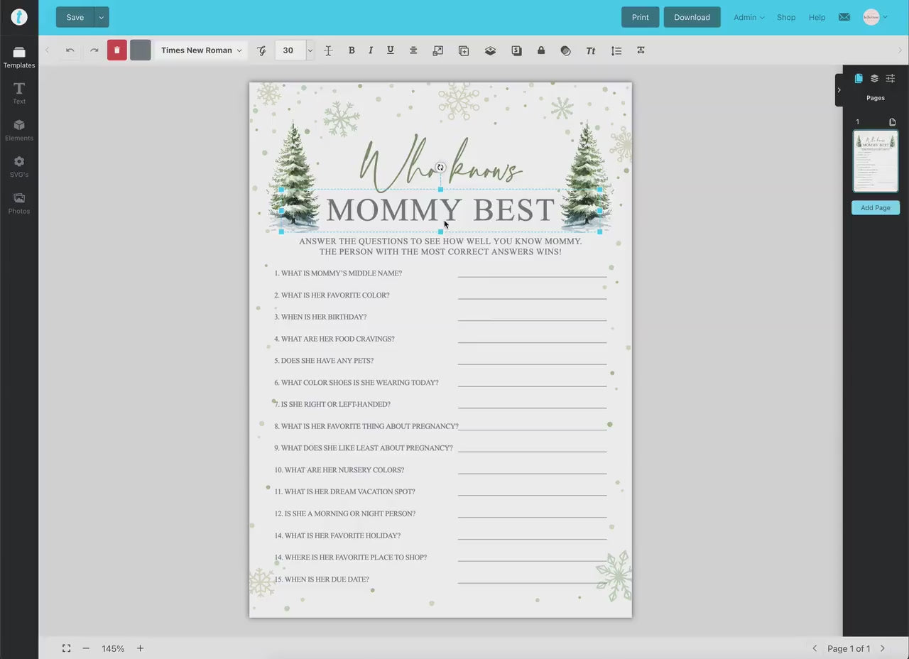 Who Said it Mommy or Daddy Winter Snowflakes with Trees Baby Shower Printable Game . Editable Template . Instant Download Templett