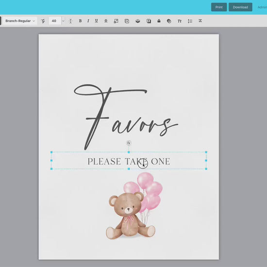 Favors Printable Baby Shower Sign, Teddy Bear with Pink Balloons, Girl Baby Shower, We Can Bearly Wait, Template Download Templett