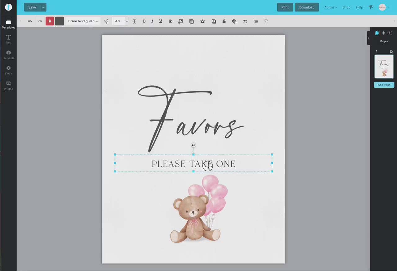 Favors Printable Baby Shower Sign, Teddy Bear with Pink Balloons, Girl Baby Shower, We Can Bearly Wait, Template Download Templett