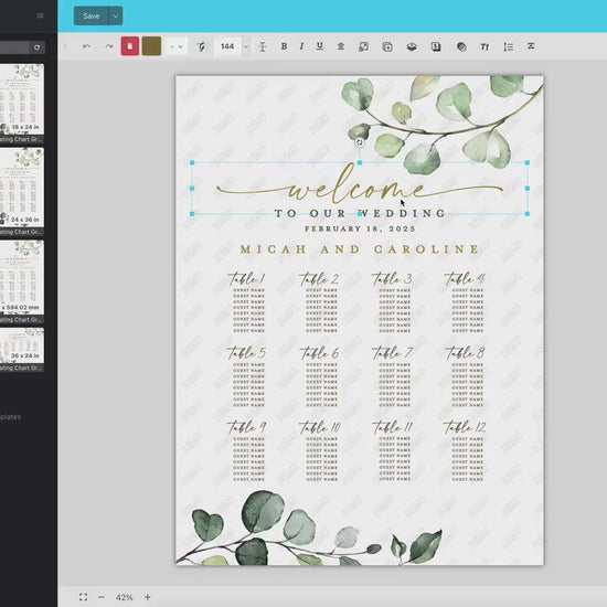 Seating Chart Wedding Poster Template . Wedding Assigned Seating Table Sign . Greenery and Gold . PRINTABLE Editable Text Templett G2-T