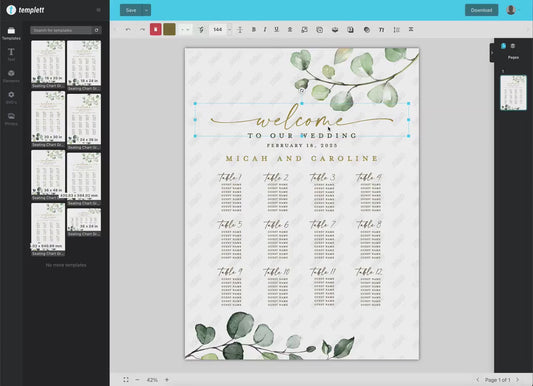 Seating Chart Wedding Poster Template . Wedding Assigned Seating Table Sign . Greenery and Gold . PRINTABLE Editable Text Templett G2-T