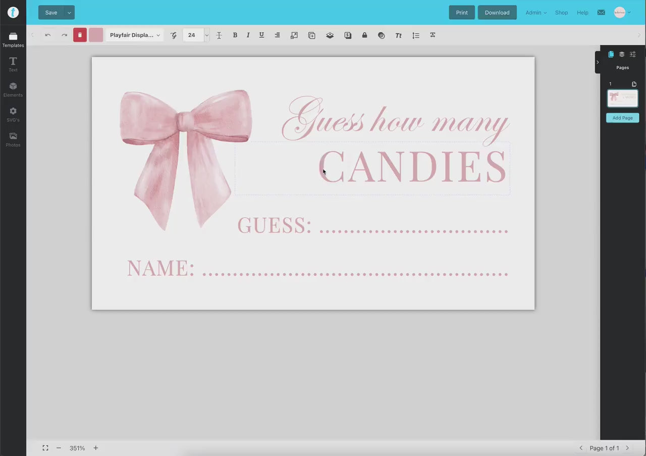 Guess How Many Candies Pink Bow Baby Shower Game, Guess the Kisses Game Sign + Card, Girl Baby, Editable Template Digital Download TEMPLETT
