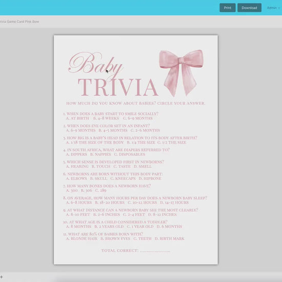 Baby Trivia Baby Shower Pink Bow, Baby Girl Game Cards, Girl Baby Shower Sprinkle, Printable Editable Template Digital Download TEMPLETT