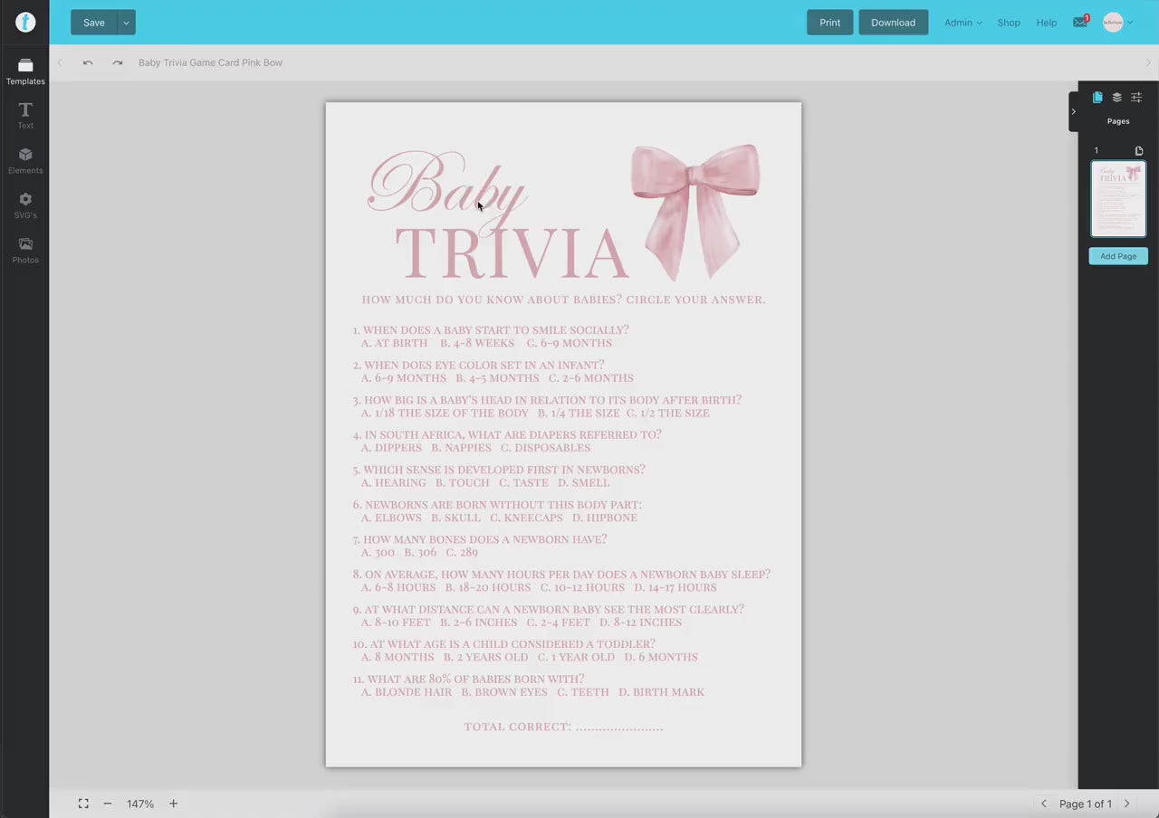 Baby Trivia Baby Shower Pink Bow, Baby Girl Game Cards, Girl Baby Shower Sprinkle, Printable Editable Template Digital Download TEMPLETT