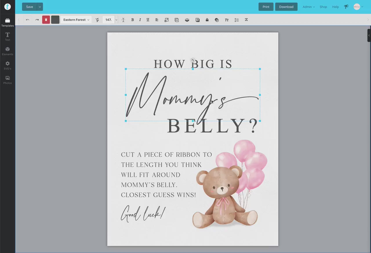 How Big is Mommys Belly Printable Sign + Cards, Teddy Bear with Pink Balloons, Girl Baby Shower, Can Bearly Wait, Template Download Templatt