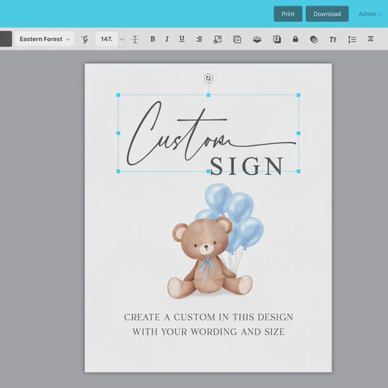 Custom Editable Sign Teddy Bear with Blue Balloons, Boy Baby Shower, Couples Shower, BabySprinkle,  We Can Bearly Wait, Template Download