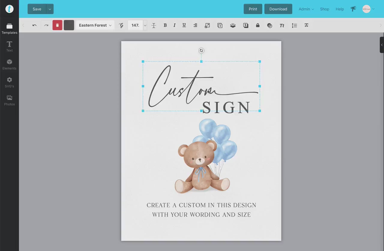 Custom Editable Sign Teddy Bear with Blue Balloons, Boy Baby Shower, Couples Shower, BabySprinkle,  We Can Bearly Wait, Template Download
