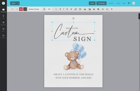 Custom Editable Sign Teddy Bear with Blue Balloons, Boy Baby Shower, Couples Shower, BabySprinkle,  We Can Bearly Wait, Template Download