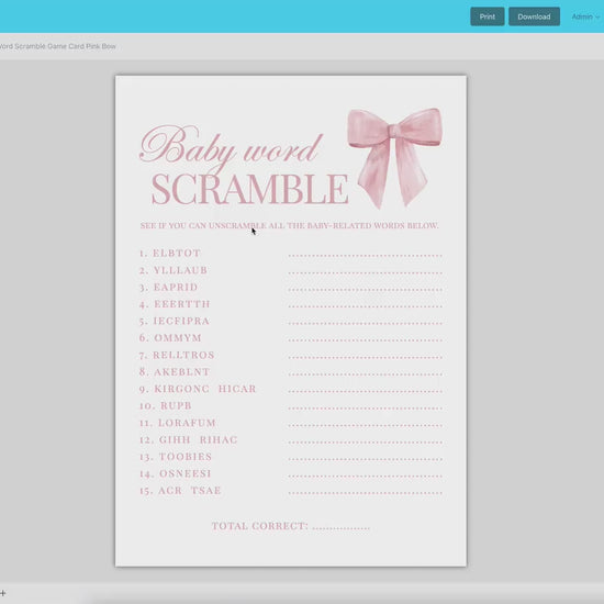 Baby Word Scramble Pink Bow Baby Shower Game, Girl Baby Sprinkle Game, Printable Editable Template Instant Digital Download TEMPLETT