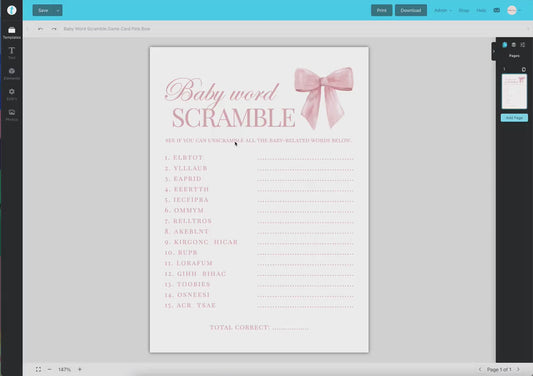 Baby Word Scramble Pink Bow Baby Shower Game, Girl Baby Sprinkle Game, Printable Editable Template Instant Digital Download TEMPLETT