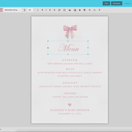 Menu Pink Bow, Baby Shower Sprinkle, Bridal Shower, Editable Menu, PRINTABLE Editable Instant Download TEMPLETT