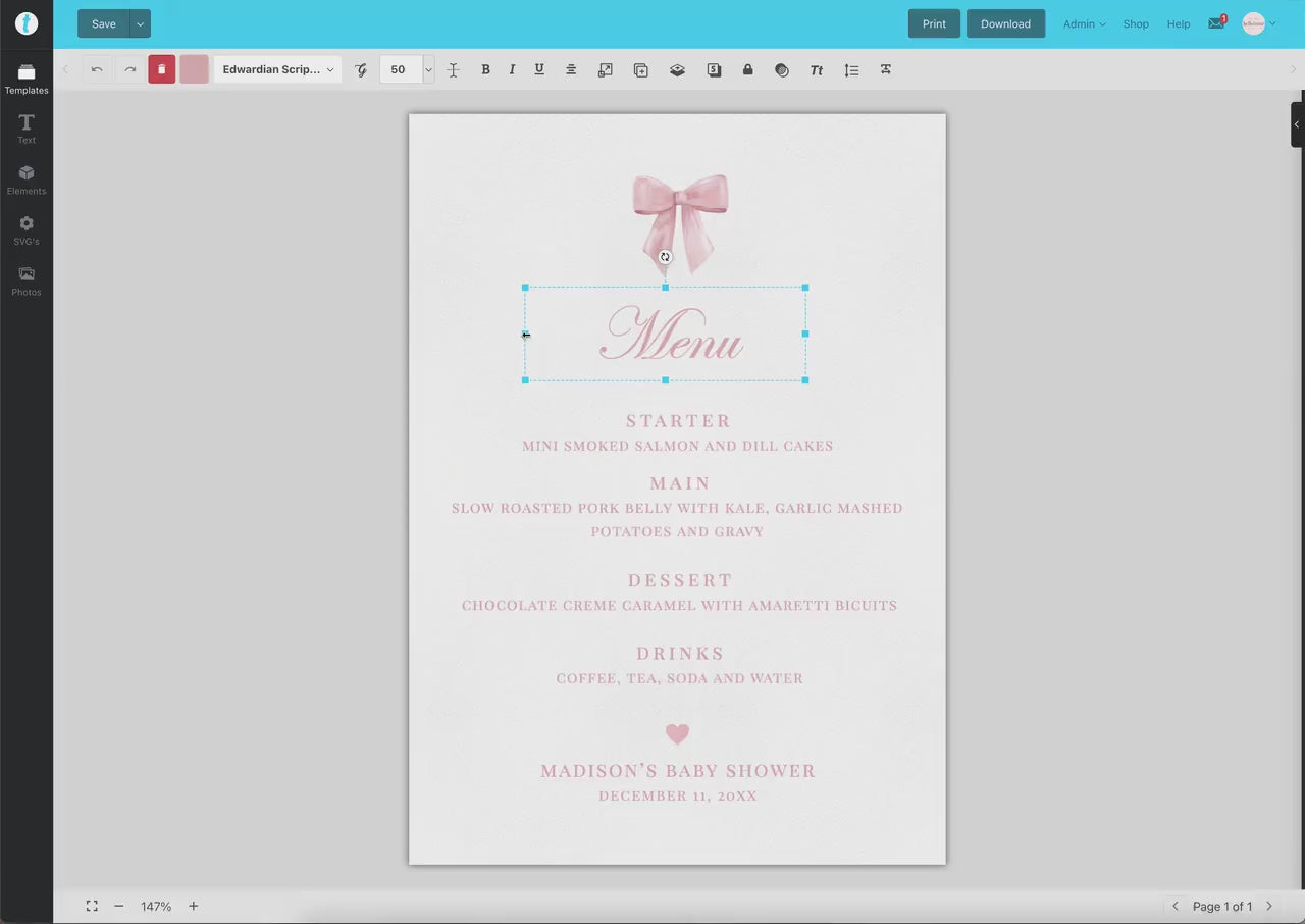 Menu Pink Bow, Baby Shower Sprinkle, Bridal Shower, Editable Menu, PRINTABLE Editable Instant Download TEMPLETT