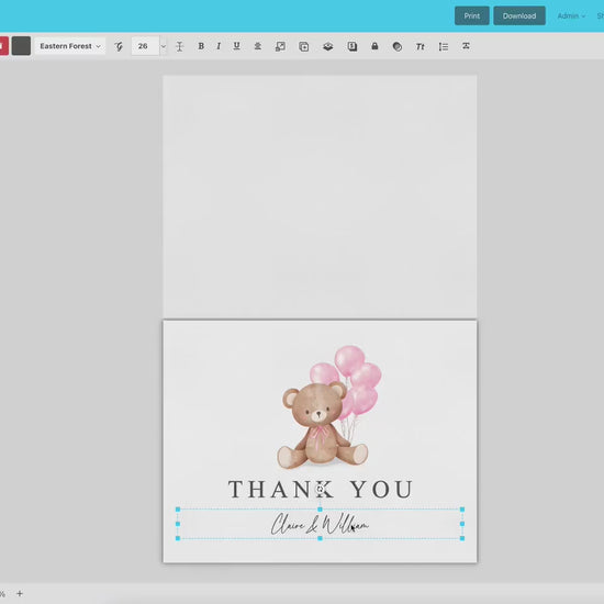 Thank You Card Teddy Bear with Pink Bow and Balloons Editable Template . Baby Shower Card . PRINTABLE Templett Instant Digital Download